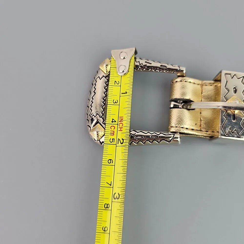 Vintage Western Gold Metallic Concho Belt Large L Made Taiwan Silver Tone Buckle
